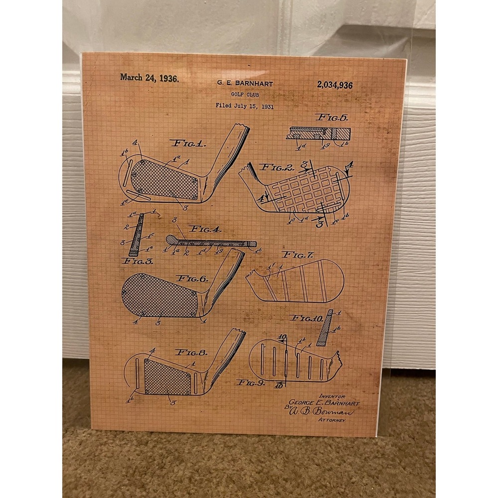 Vintage 1936 Golf Club Patent Print G.E. Barnhart Technical Drawing Art Orange